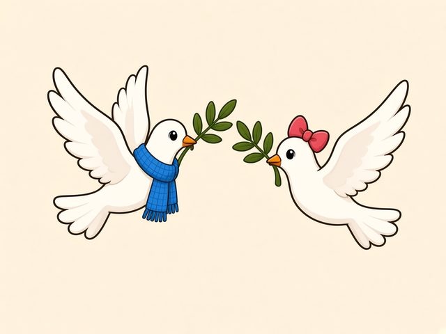 Two white doves, one in a blue knitted scarf and one with a pink bow, each carrying an olive branch.